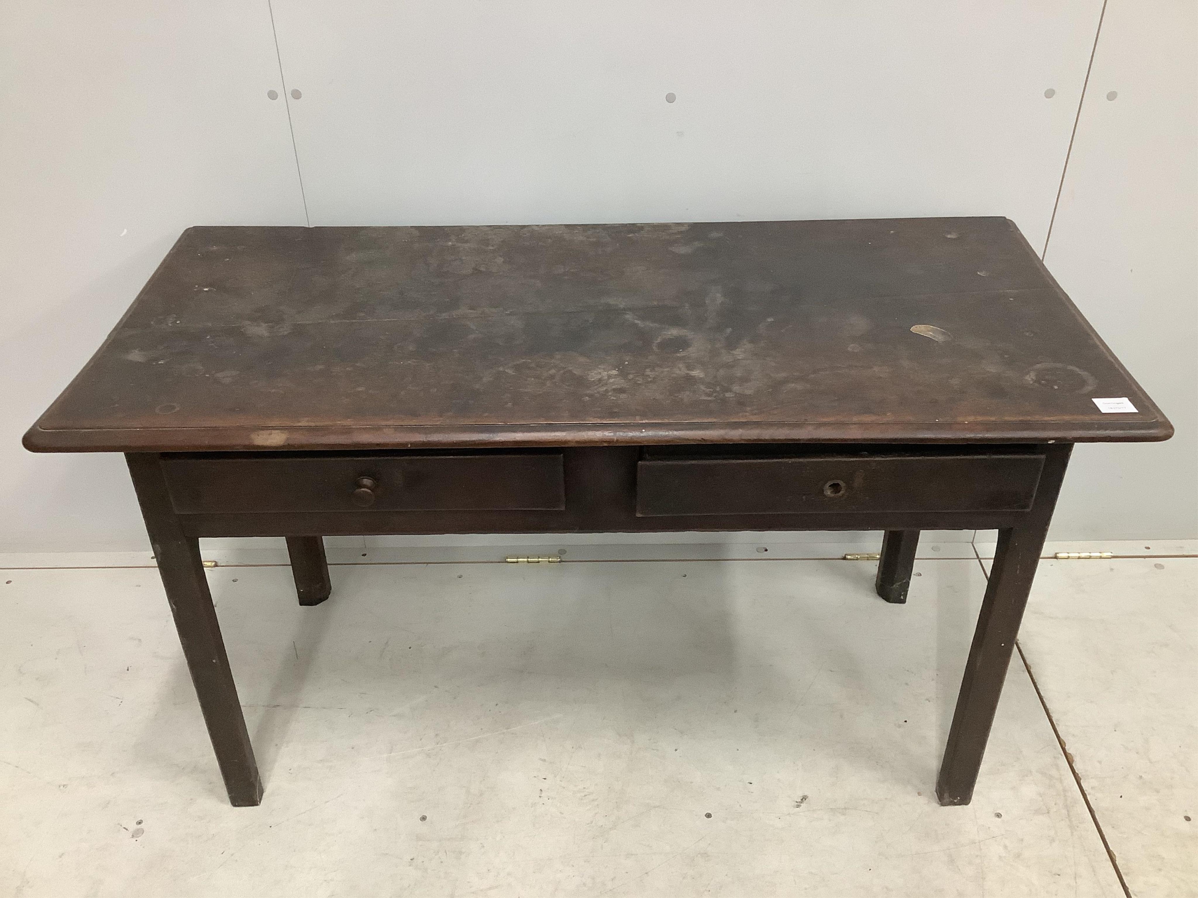 A 19th century oak side table, fitted with two drawers, width 130cm, depth 59cm, height 73cm. Condition - poor